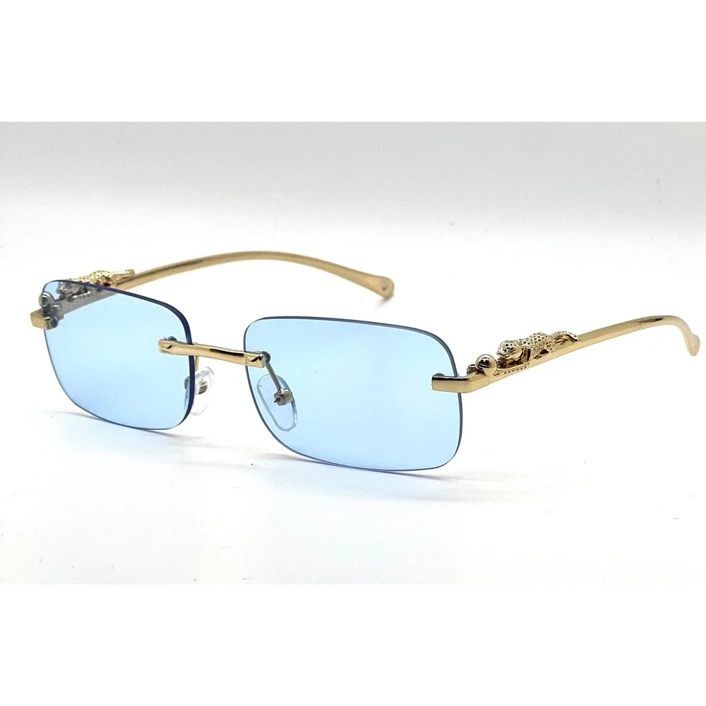 Rimless Sunglasses Gold Leopard Accents Blue Lens Fashion Shades Style Men Gafas